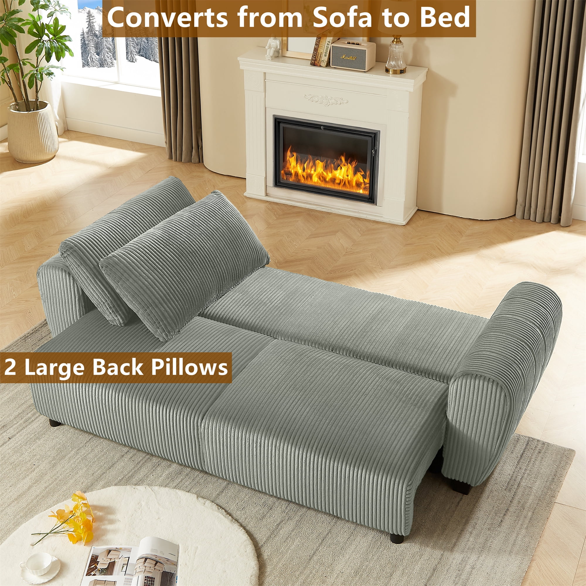 Aukfa 92" Oversized Storage Futon Convertible Sleeper Sofa, Corduroy, 2 Pillows, Light Gray