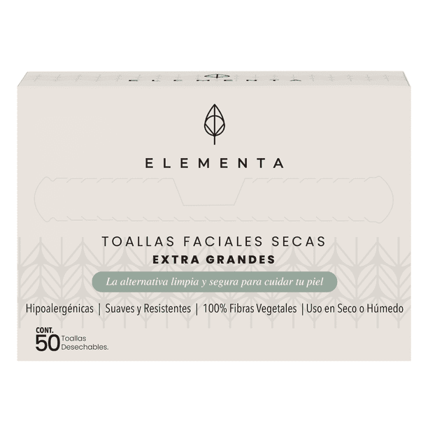 Elementa Toallas Faciales Secas Extra Grandes Desechables (Rostro Limpio y Sin Bacterias), Hipoalergénicas, 100% Biodegradables | Toallitas Desmaquillantes, Skin Care | 1 Paquete con 50 Toallitas.