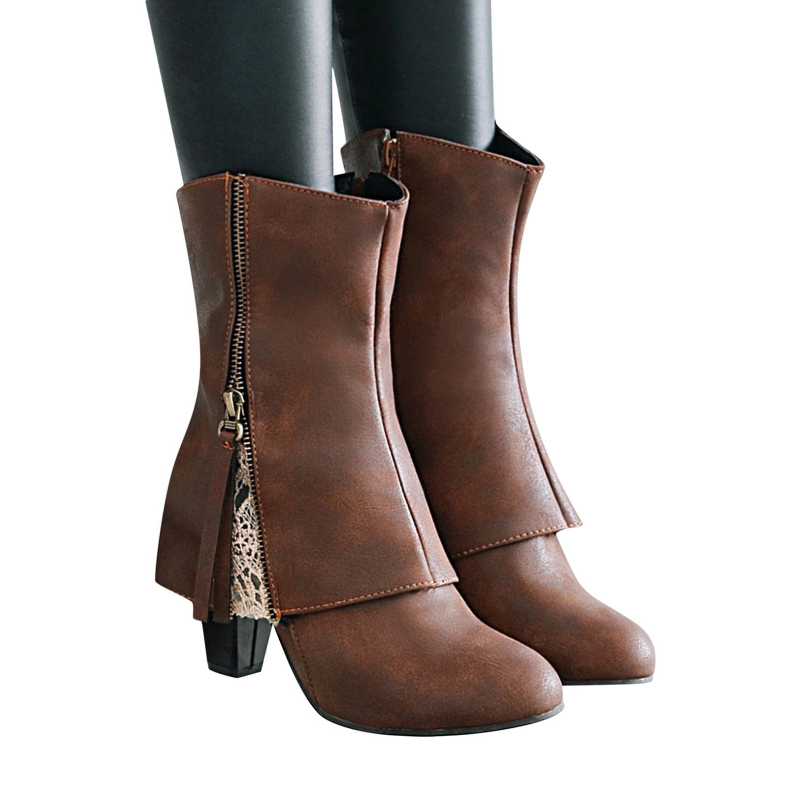 LSLJS Women's Lace Splicing Solid Short Boots Round Head Shoes