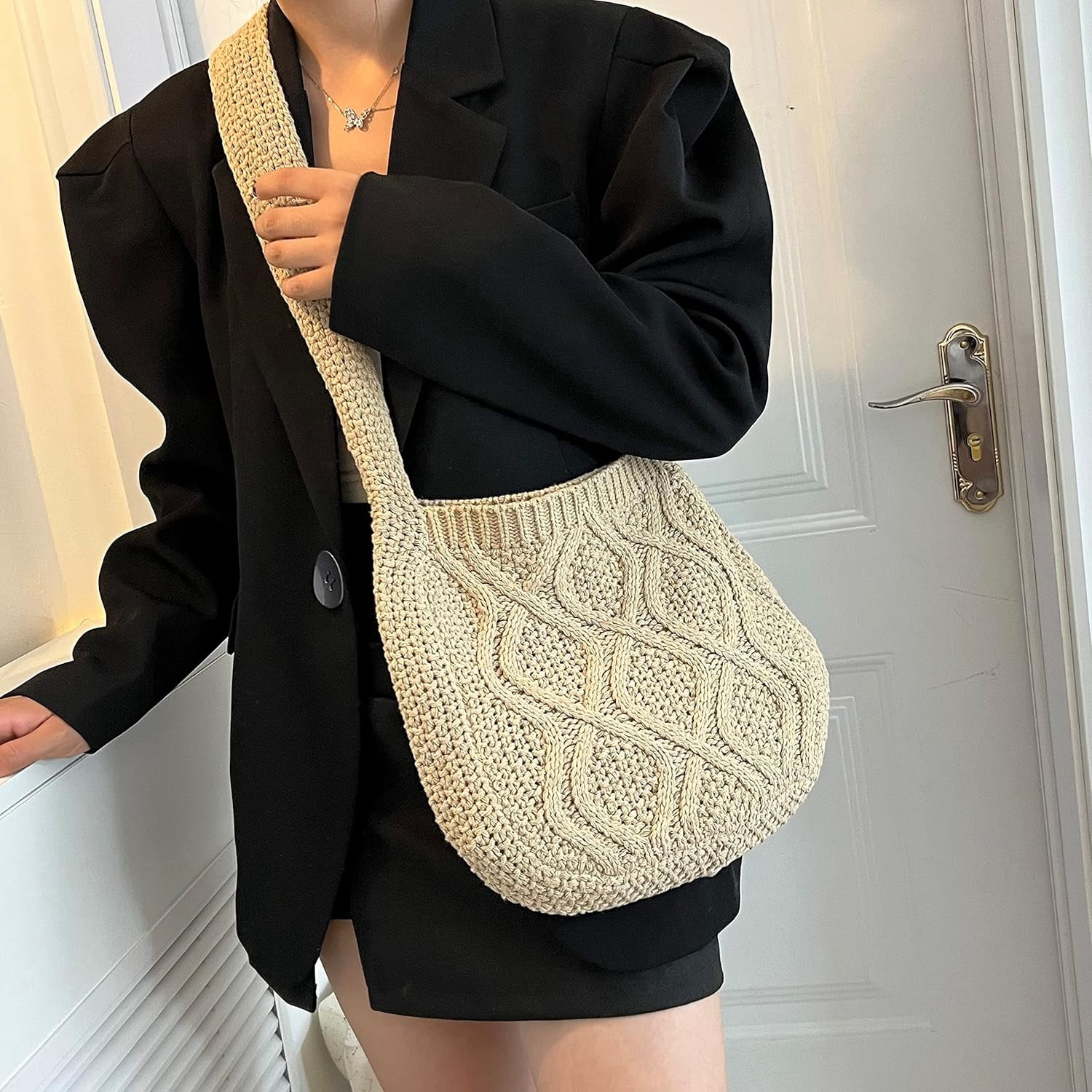 Women's Crochet Tote Bag Knitted Aesthetic Shopping Bag Cute Purses Crocheted Hobo Bag