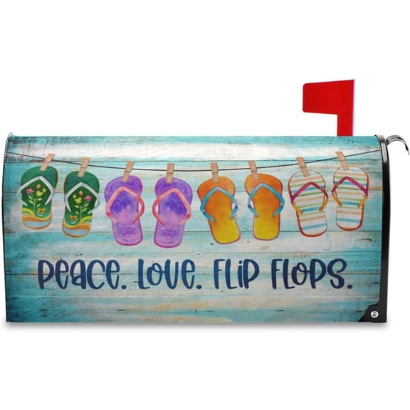 Summer Flip Flop Mailbox Cover Magnetic Standard Size Peace Love Mailbox Covers Letter Post Box Cover Wrap Decoration Welcome Home Garden Outdoor 21" Lx 18" W