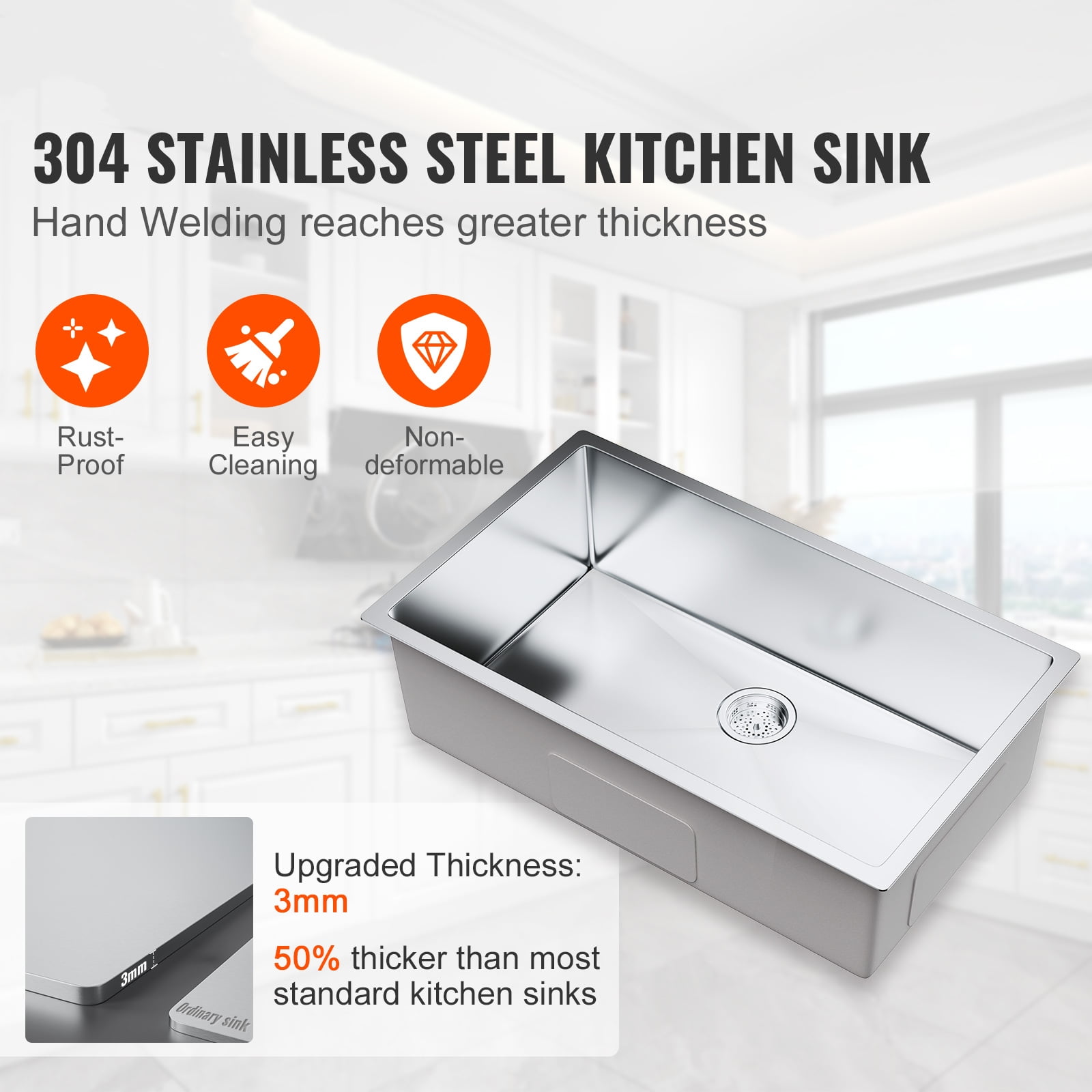 BENTISM 33" x 22" Kitchen Sink Top Mount Single Bowl Basin Stainless Steel Kitchen Bar