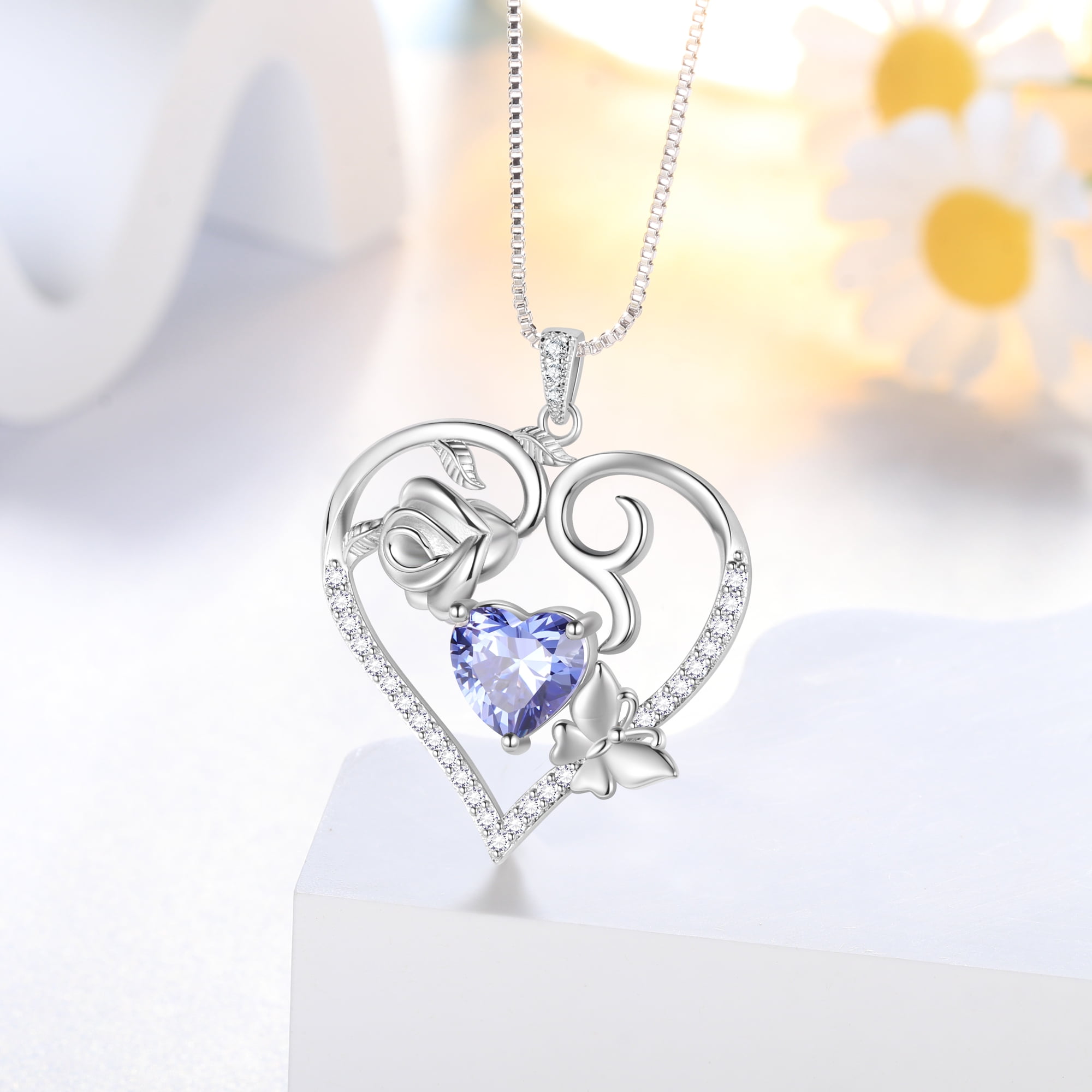 Beautlace 925 Sterling Silver Heart Rose Necklace,Butterfly Flower Cute Animal Pendant Necklace Jewelry Birthday Christmas Valentines Mother's Day Gifts for Women Mom -December