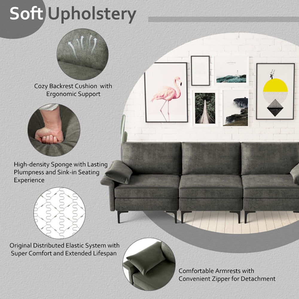 Finihen Sectional Sofa Couch, 3-Seat Sofa, Large 3-Seat Sofa Sectional with Metal Legs and 2 USB Ports for 3-4 people, for Living Room, Bedroom, Gray Finihen Sectional Sofa Couch, 3-Seat Sofa, Large 3-Seat Sofa Sectional with Metal Legs and 2 USB Ports for 3-4 people, for Living Room, Bedroom, Gray