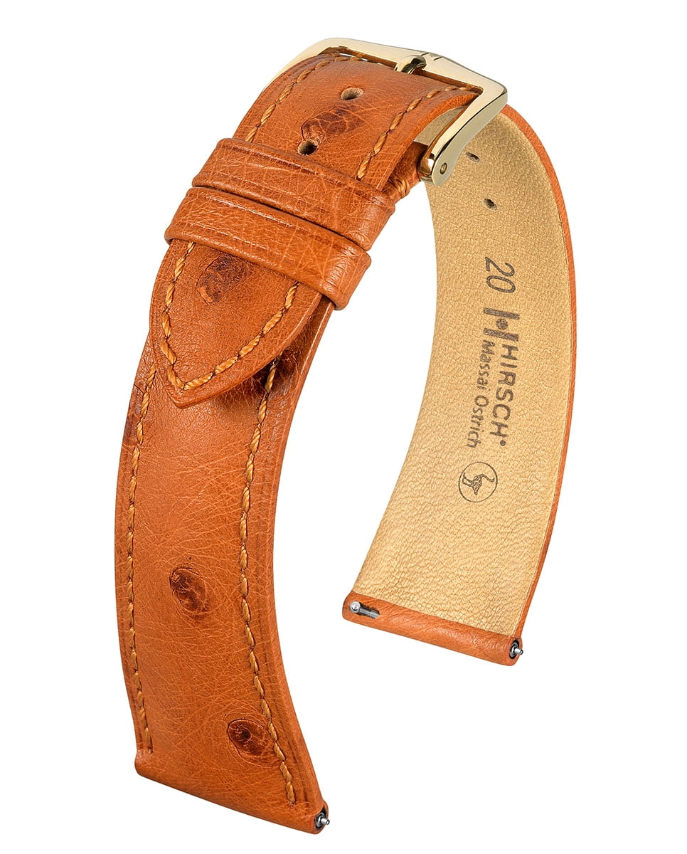 Hirsch Massai Ostrich Leather Watch Strap - Golden Brown - L - 18mm / 16mm  - Shiny Gold Buckle - Ostrich Leather Band
