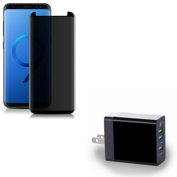 Compatible With Samsung Galaxy S9 - Anti-Peep Tempered Glass Privacy Screen Protector 3D w 34W 6.8Amp 3-Port USB Home Wall Charger w Adaptive Fast Port