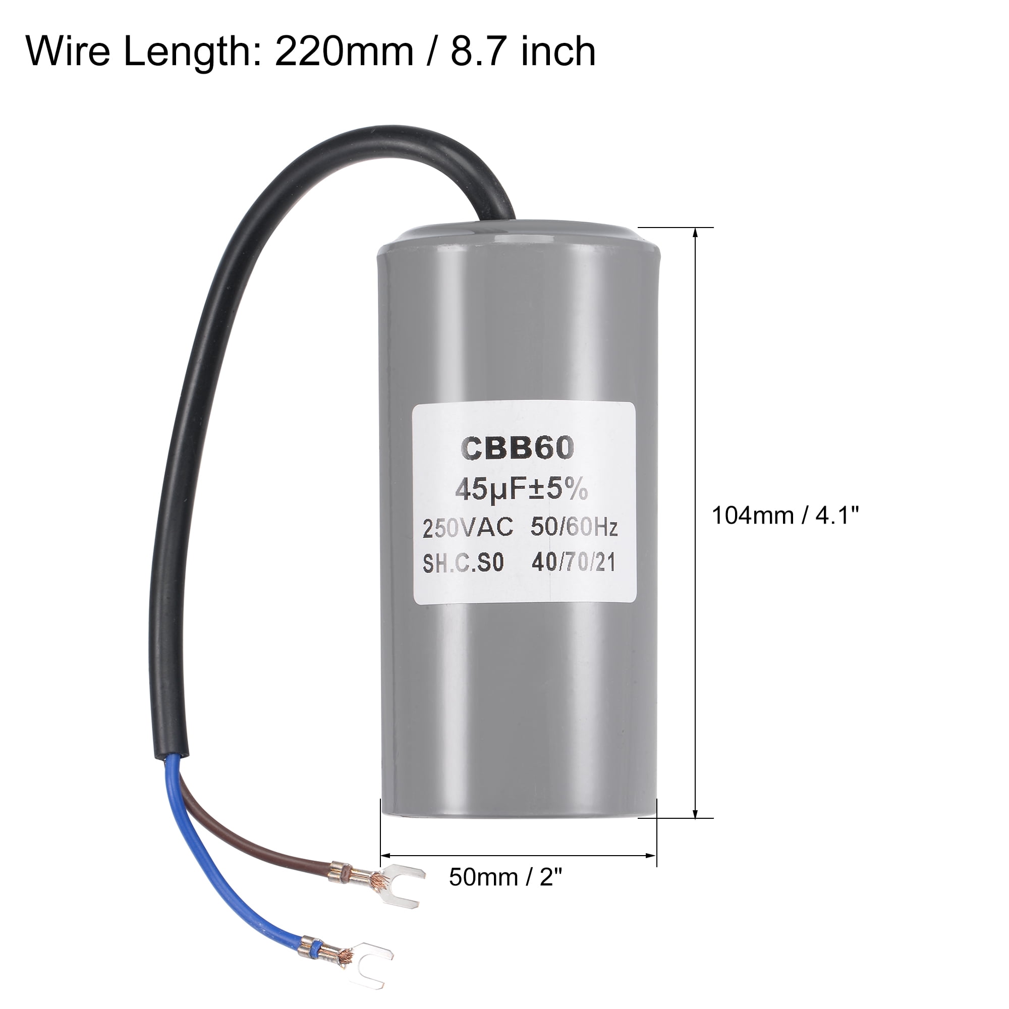 Uxcell 104x50mm 45uF 250V AC 50/60Hz 2 Wires with Terminal CBB60 Run Capacitor