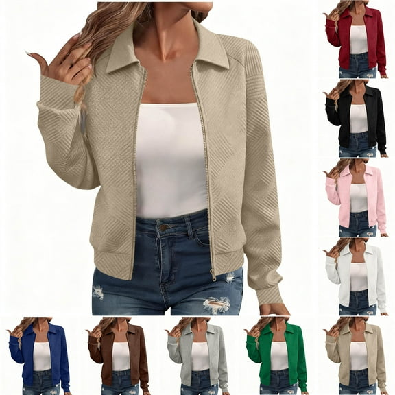 LWITHSZG Cropped Jacket Women Trendy Texture Full Zip up Coats Fall Winter Long Sleeve Going Out Tops Casual Outerwear with Pockets Size L