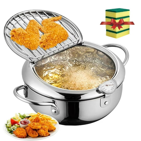 304 Stainless Steel Deep Fryer with Temperature Control, Multi-Function Oil Saving Fry Pan with Removable Filter Basket, Universal Base for Gas & Induction Stoves, 4.2L/3.4L/2.2L Home Kitchen(2.2L)