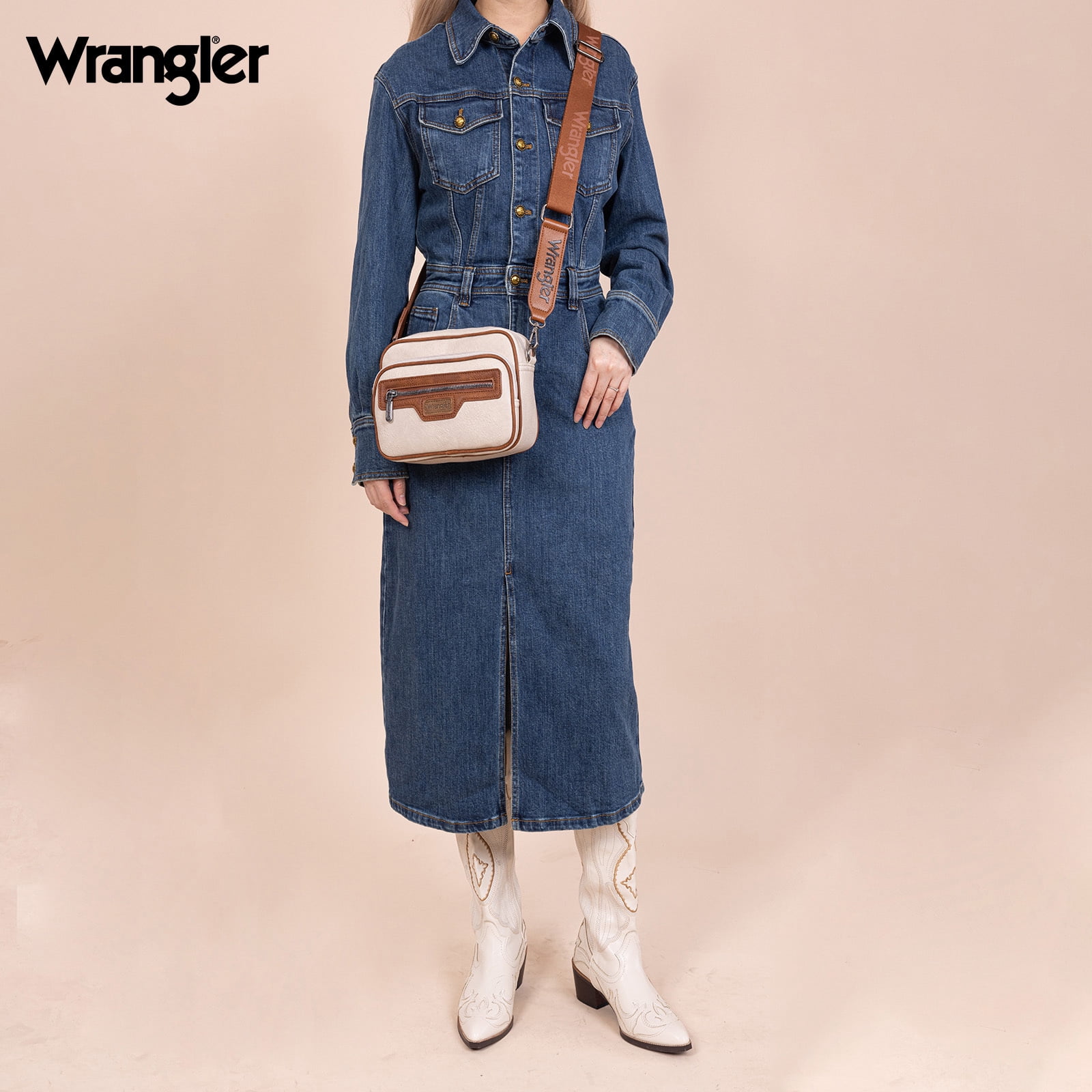 Wrangler Crossbody Bag for Women Multi Pocket Crossover Bag Shoulder Pursea with Adjustable Strap, Beige & Brown