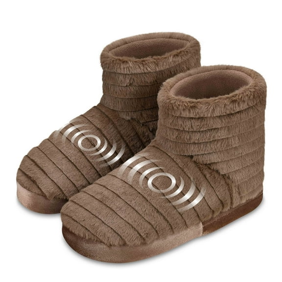 Health Touch Soft Fluffy Massaging Booties with Memory Foam, Foot Massager Vibration, Brown