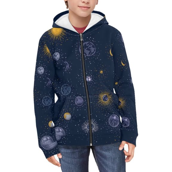FUIALDOLG Boys Zip Up Hoodies for Kids Galaxy Sun Planet Print Graphic Hooded Sweatshirt Warm Long Sleeve Winter Jacket with Pockets 6-7 Years