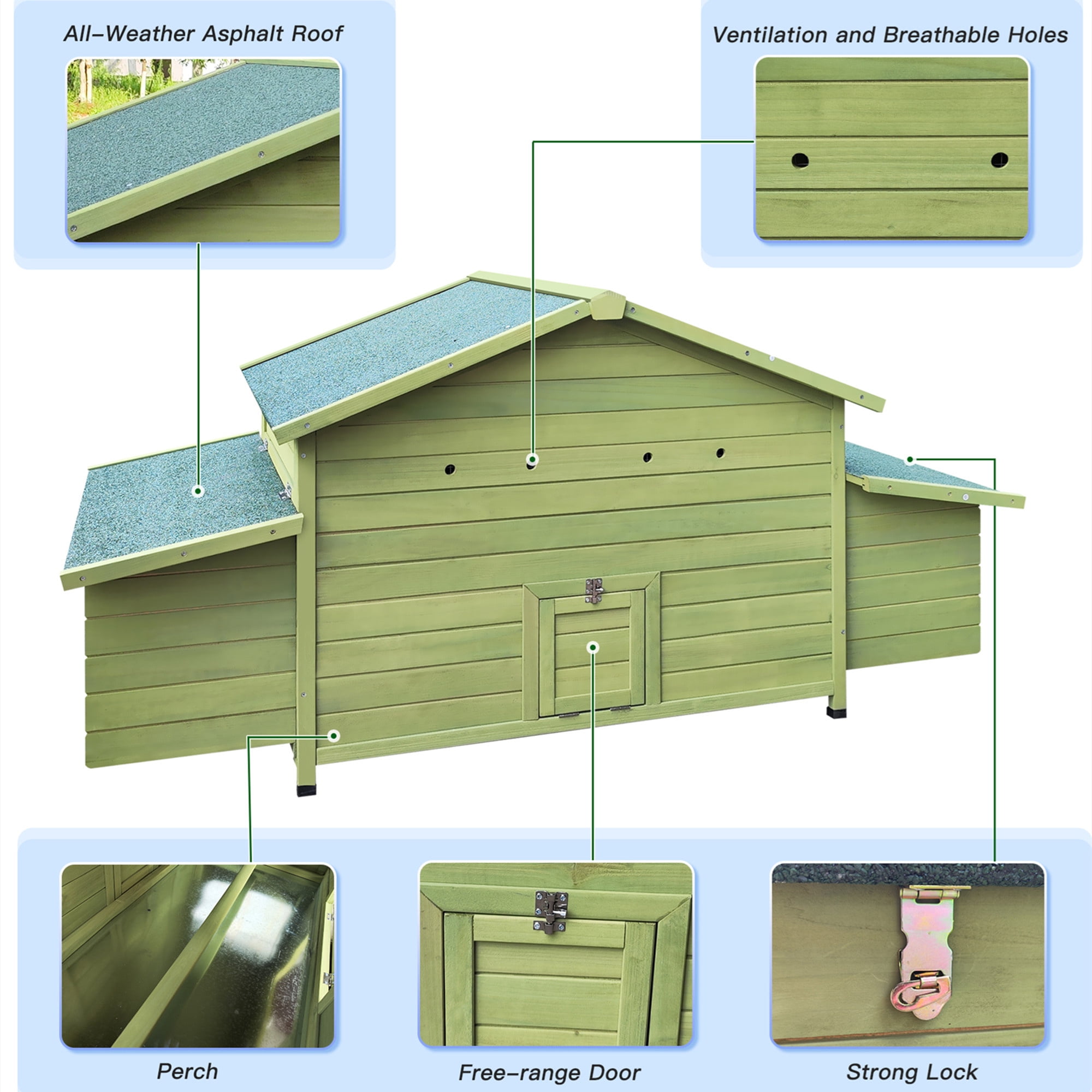 Aukfa 70" Large Chicken Coop Wooden 4 Nesting Boxes Chicken Cage for Outdoor, Backyard, Green