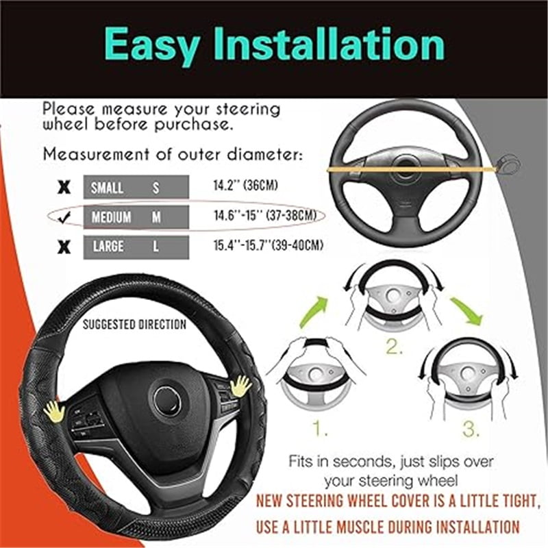 Steering Wheel Cover Great Grip with 3D Honeycomb Anti-Slip Design, Universal 14.5-15 Inch (All Black)