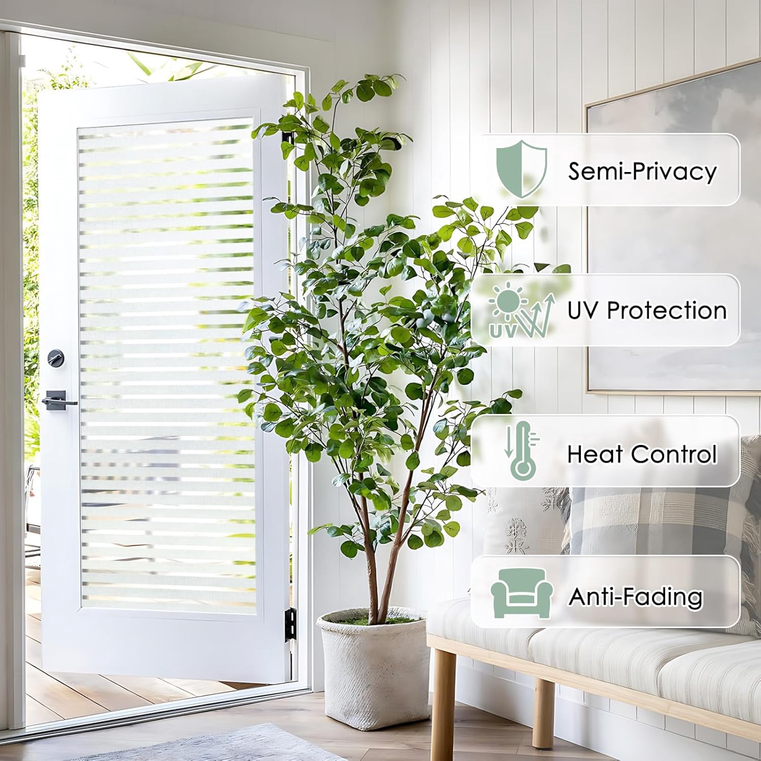 Fancy-Fix Window Film Privacy for Glass Windows, Frosted Stripe Patterm Glass Sticker Static Cling No Glue Anti UV Decorative Door Cover Film for Home Office, 35.4" x 78.7"