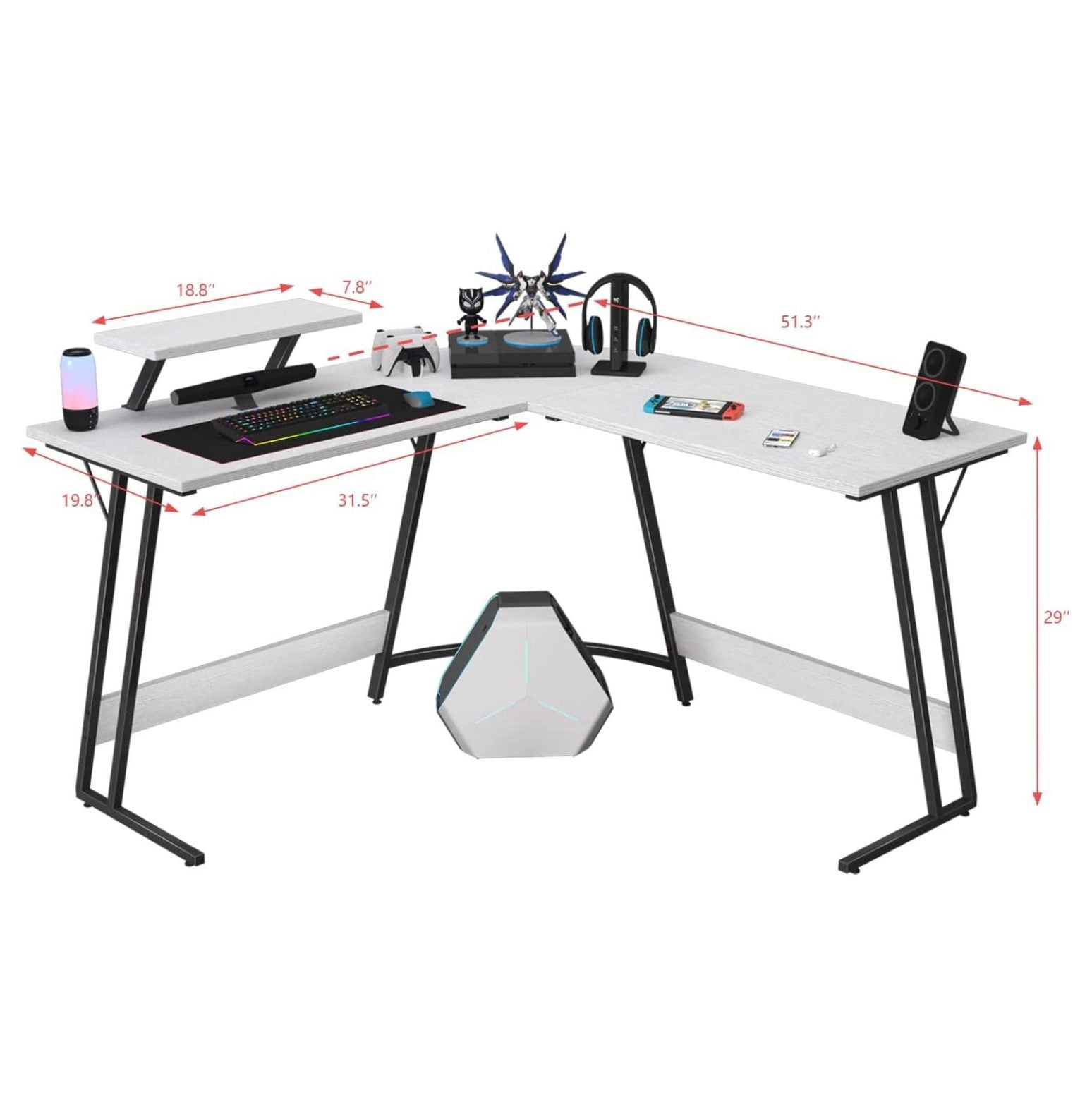 SONGMY L Shaped Gaming Desk Computer Corner Desk PC Gaming Desk Table with Large Monitor Riser Stand for Home Office Sturdy Writing Workstation (Classical White, 51 Inch)