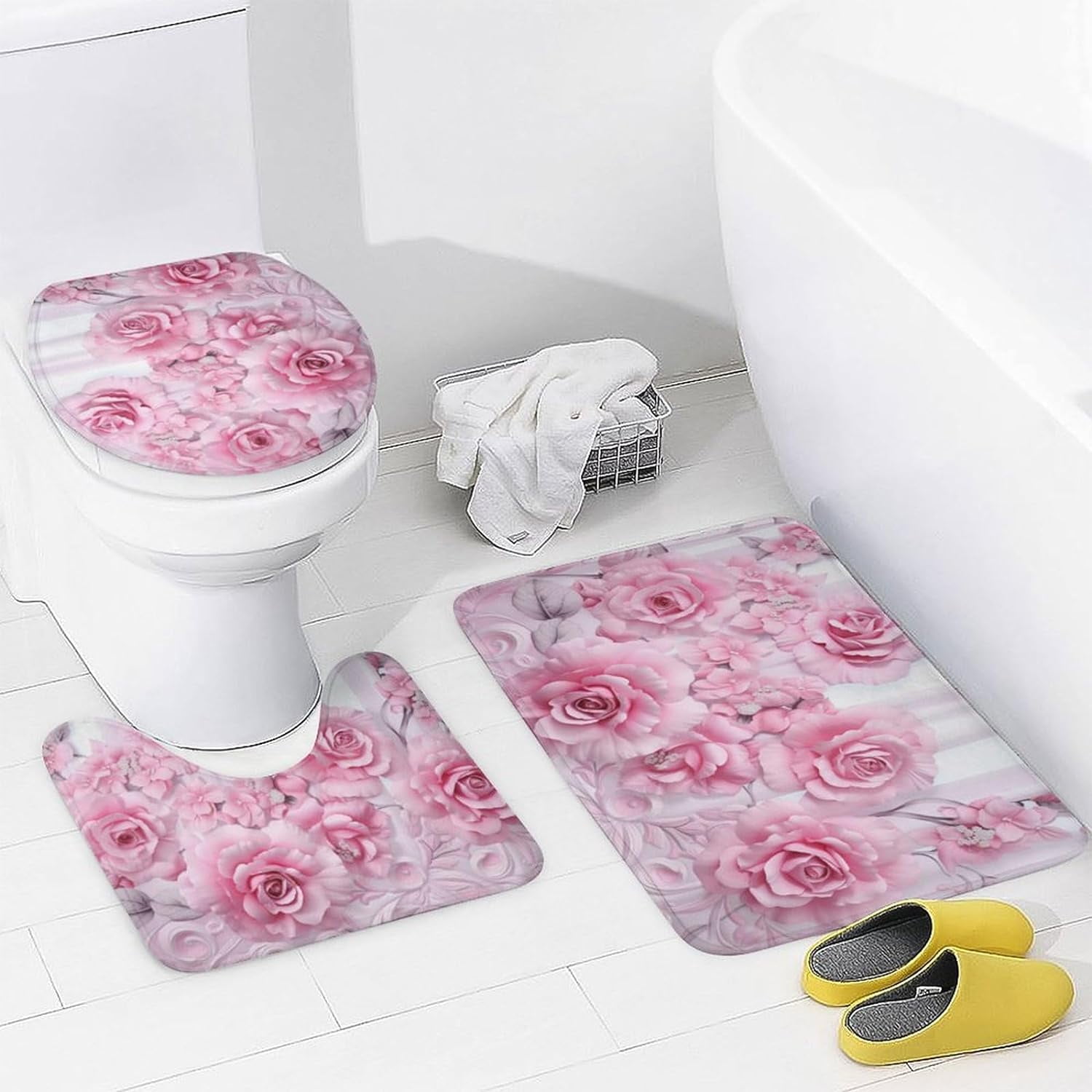 Beautiful Pink Roses Shower Curtain Sets with Rugs Toilet Lid Cover and Bath Mat Colorful Romantic Floral Shower Curtains with 12 Hooks Waterproof 4 Piece Bathroom Decor Set