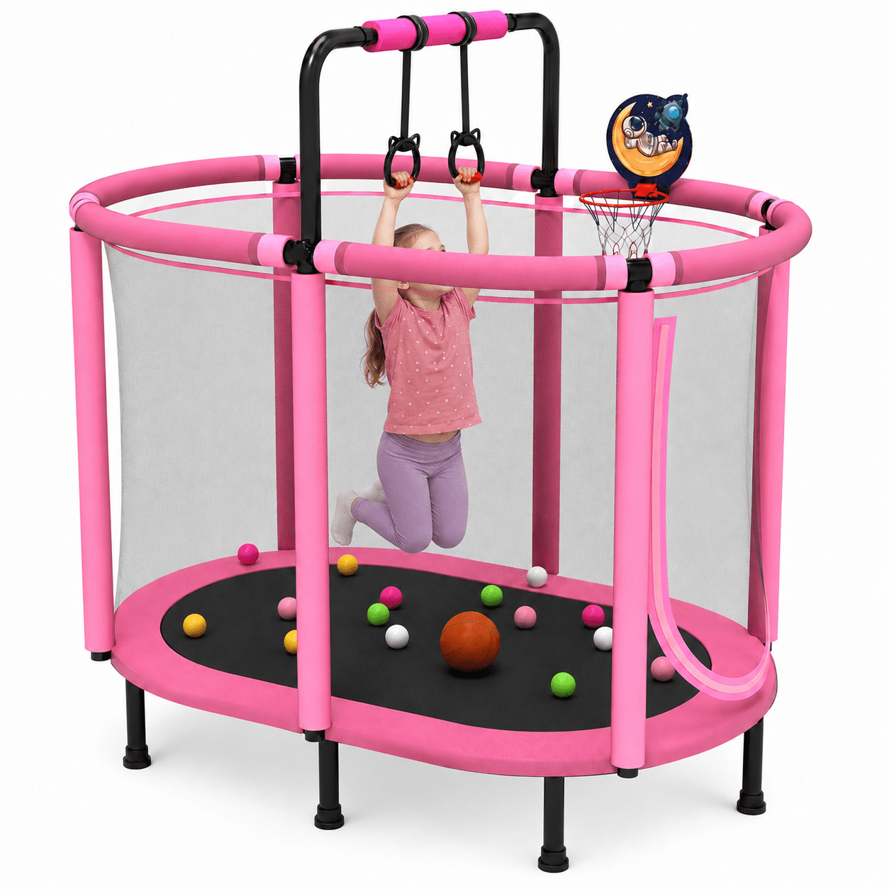 60 Toddler Trampoline with Enclosure Net Kids Trampoline with Basketball Hoop SHINPT Indoor Trampoline for Kids Small Trampoline with Ocean Balls Mini Trampoline with Rings Gift for Boys Girls