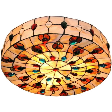 

TFCFL Vintage Tiffany Ceiling Light 20 Inch Flush Mount Stained Glass Hand-Made Art Deco Chandelier Lamp Fixture with Peacock Tail Painting Shade