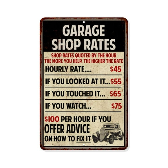 Shop Rates Sign Garage Rustic Wall Décor Mechanic Signs Pops Decorations Mechanics Automotive Man Cave Bar Tin Vintage Mancave Car Funny Retro Plaque Dads Gift 16 x 24 Matte Finish Metal 116240068019