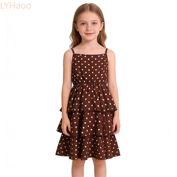 LYHaoo Polka For Big Girls Waist Tie Strap Summer Dress For Girls,Little Girls Dresses Sizes 12-24 Months Brown