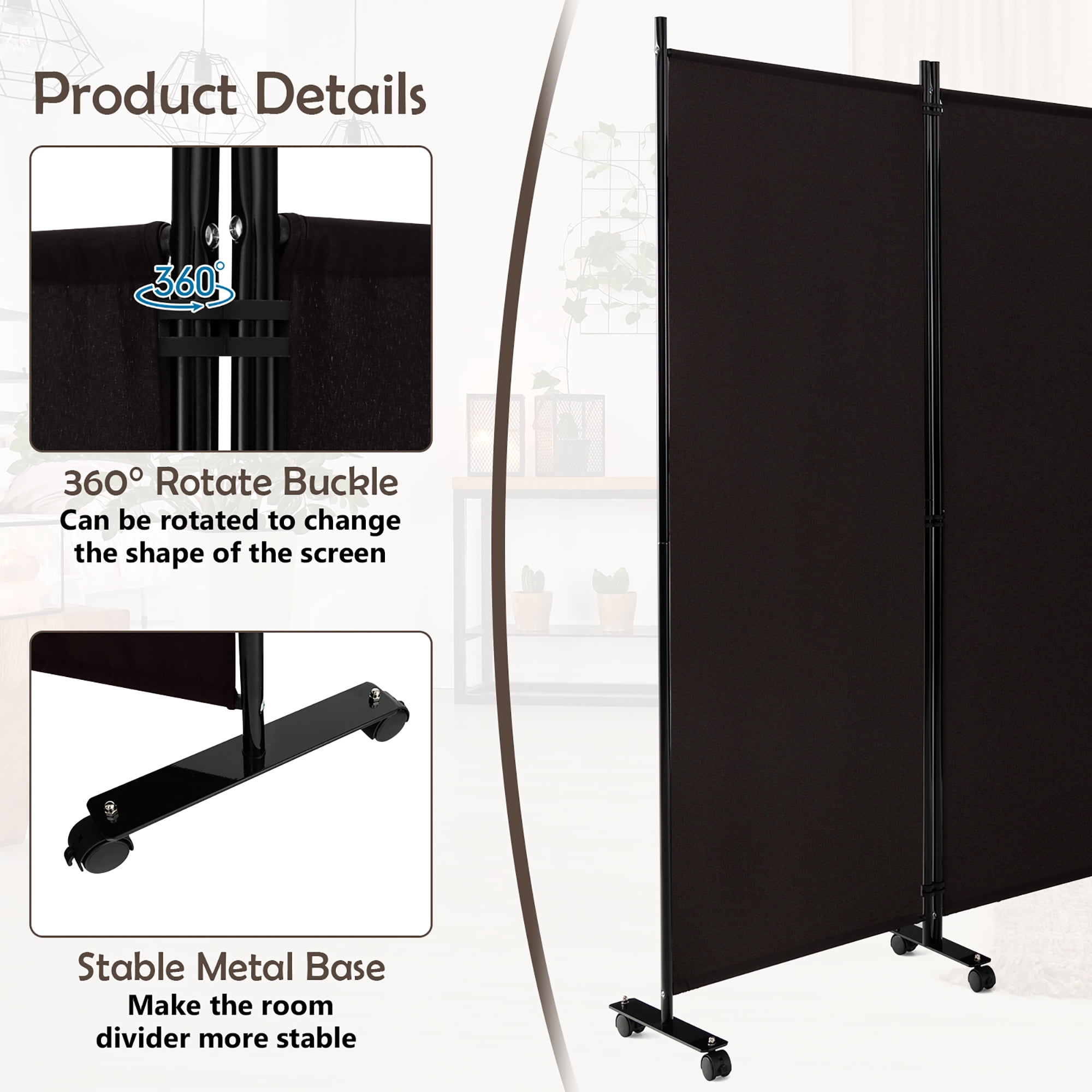 Costway 6-Panel Folding Room Divider 6FT Rolling Privacy Screen with Lockable Wheels Brown