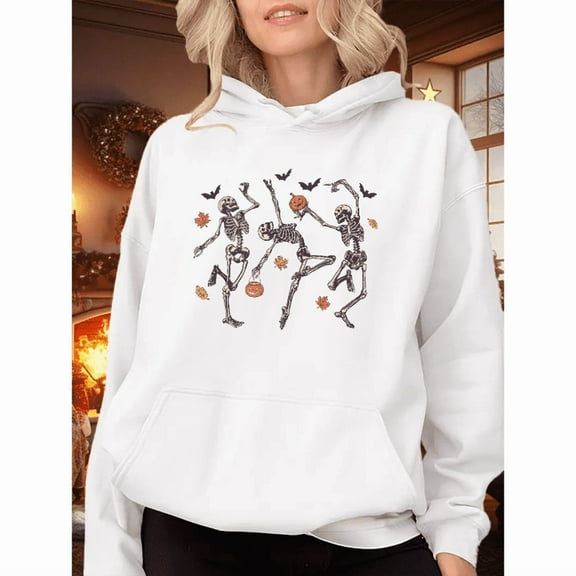 Halloween Three Skeleton Dance T-shirt hooded long-sleeved top Soft Breathable Regular Fit white S-2XL