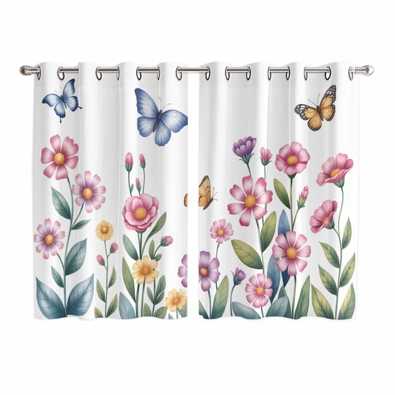 Pink Flowers Kitchen Curtains Window Panels, Spring Floral Butterfly Leaves Plants Pastoral Insulated Window Treatment Curtain, Grommet Curtains for Bedroom/Living Room/Bathroom, 2 Piece 52"Wx63"L