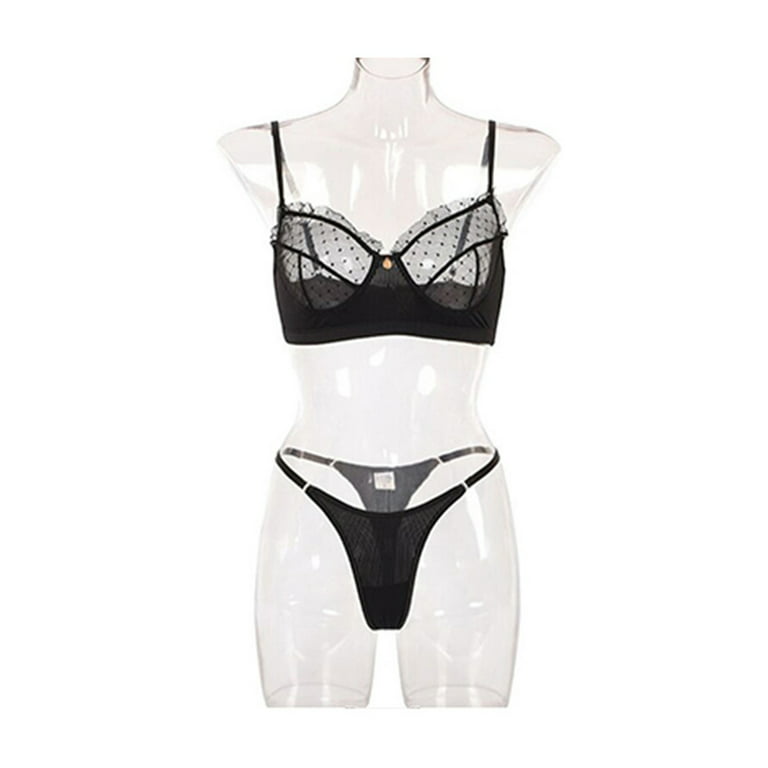 rygai 2Pcs/Set Laciness Underwear Set Sleeveless See-through Adjustable  Strap Bra Panty Set for Honeymoon ,Black,L