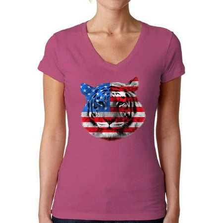 Tigers Womens Charcoal - Awkward Styles Women's USA Flag Tiger Patriotic V-neck T-shirt Independence Day Gift 4th of July