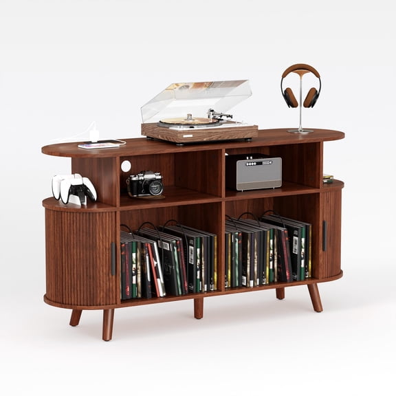 55" Fluted Mid Century Modern Turntable Cabinet with Charging Station & USB Ports, Large Record Holder with Sliding Door & Vinyl Storage for Turntable Speakers, Modern Media Cabinet for Living Room