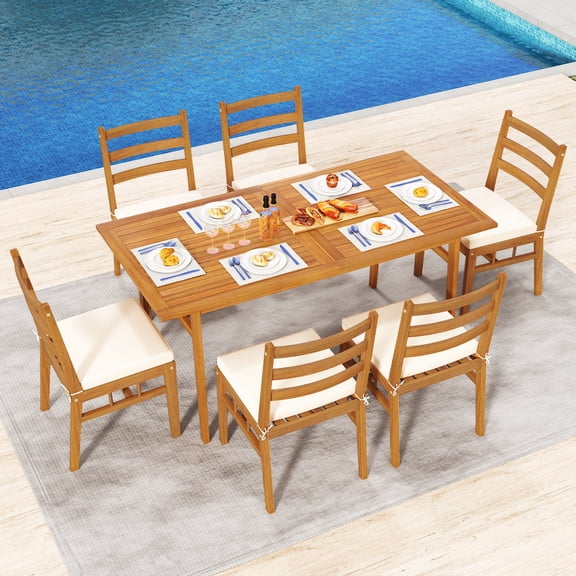 Gymax 7PCS Patio Acacia Wood Dining Set w/ 1.97'' Umbrella Hole & Cushions for Backyard