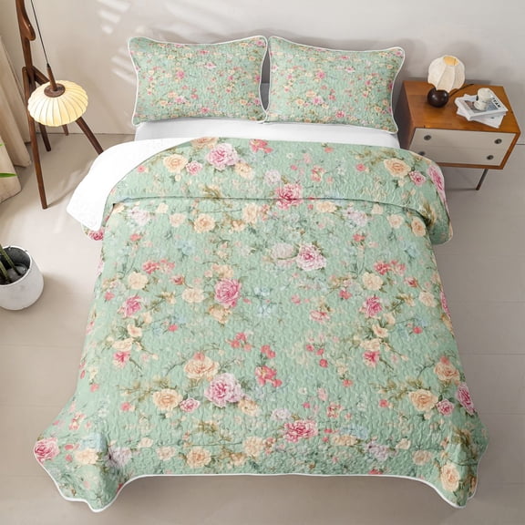 Erosebridal Watercolor Western Rose Twin Quilt Set for Women Girls, Green Leaf Foliage Print Twin Coverlet Set, 2pcs