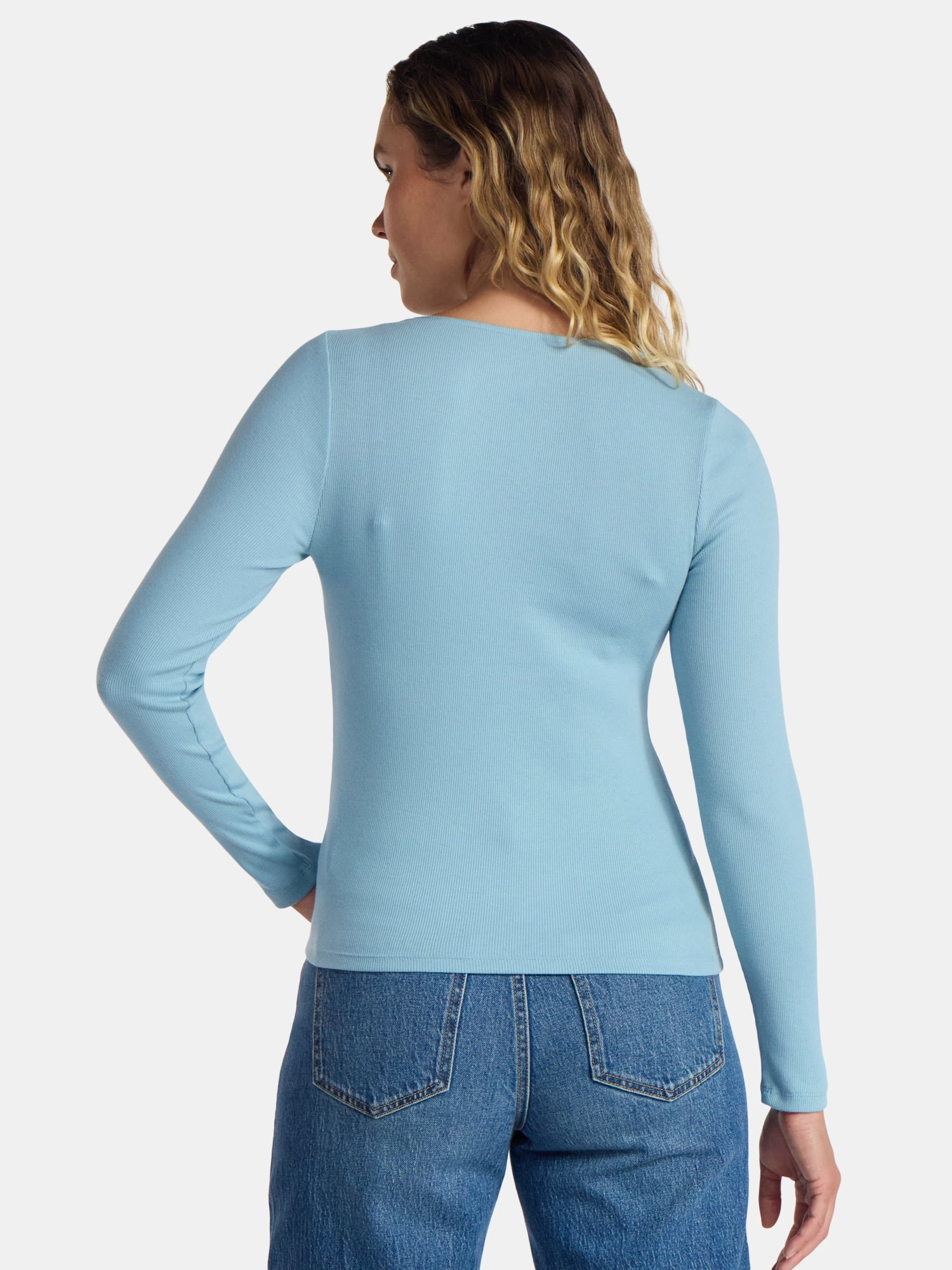 Time and Tru Women's Ribbed Square Neck Top with Long Sleeves, Size XS-XXXL