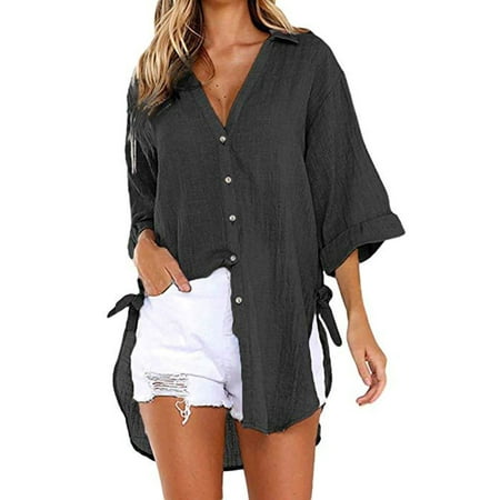 

Sleep Tunic Shirts for Women Button Down Shirts Long Sleeve V Neck Side Slit Sleepwear Loungewear Homewear Boyfriend Sleepshirt Pajama Tops