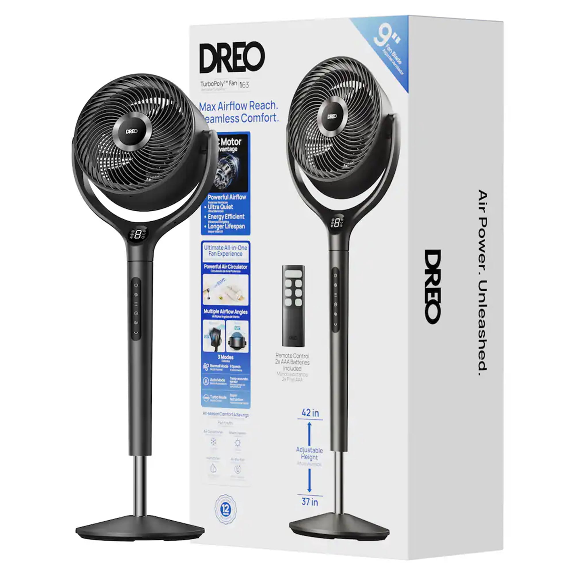 Dreo 41.34 in. H X 9 in. D 3 speed Oscillating Pedestal Fan With Remote Remote Control