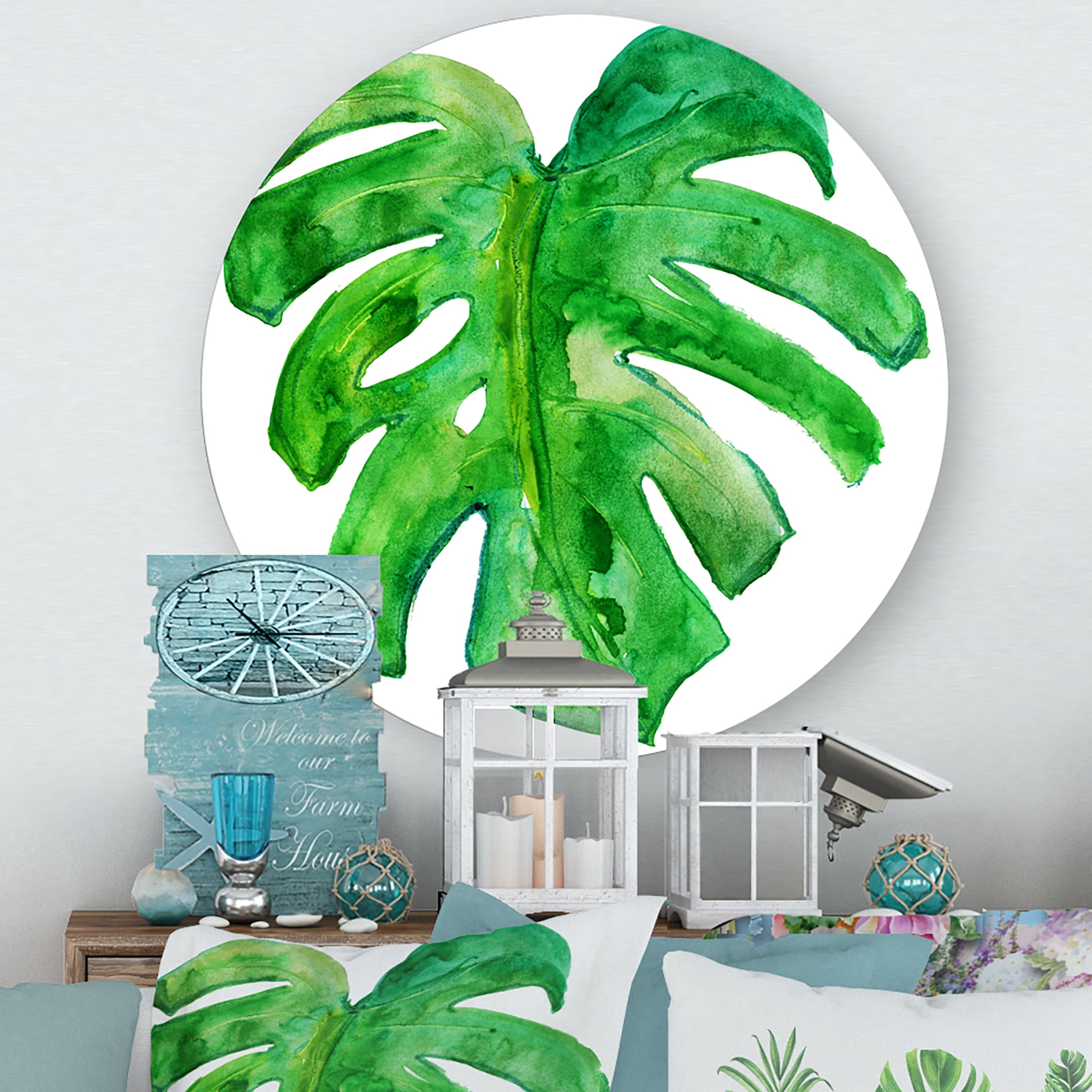 Designart 'Close Up Of Tropical Leaf Of Monstera I' Farmhouse Circle Metal Wall Art 11x11 - Disc of 11