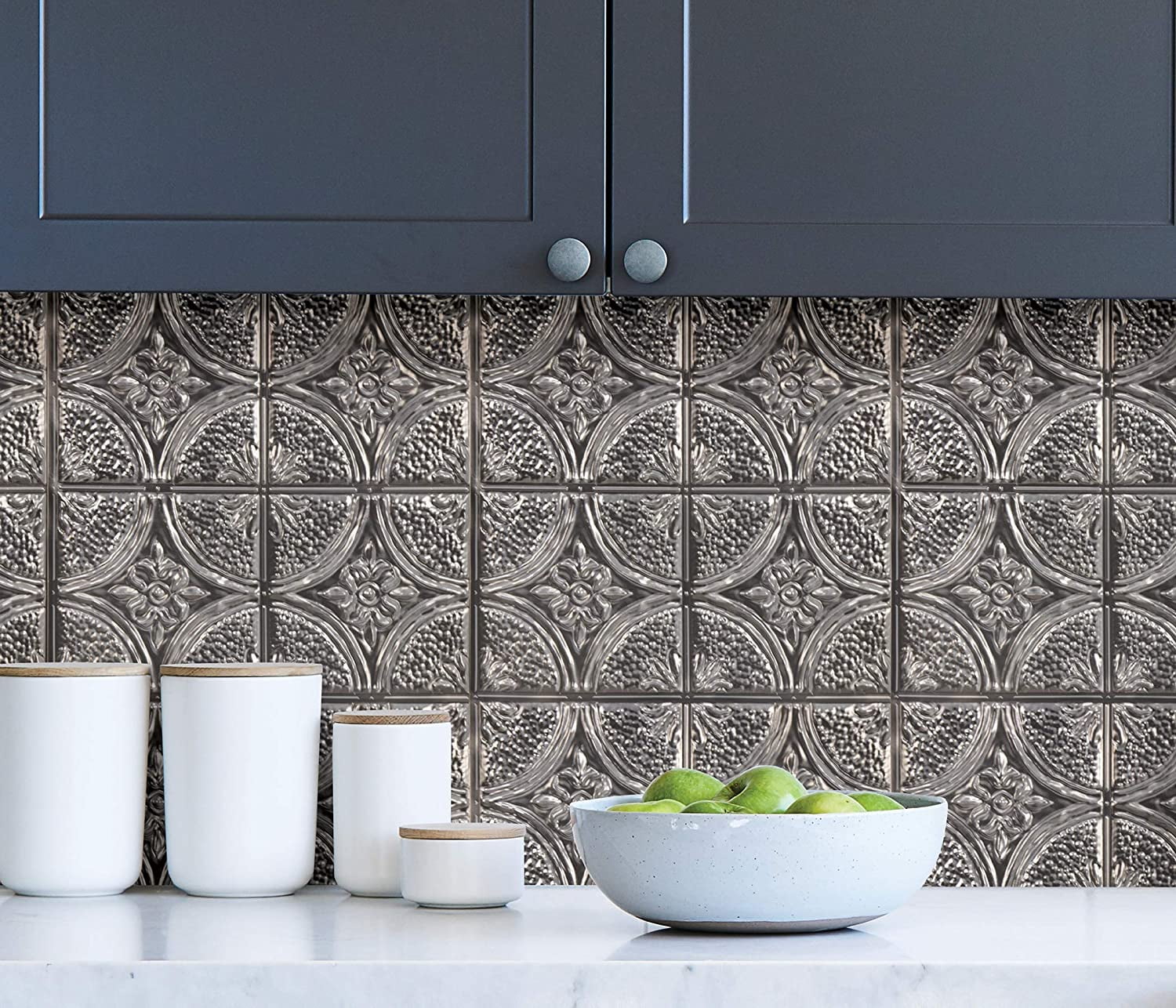InHome Camden Antique Silver Faux Tin Peel and Stick Backsplash Tiles, Metallic, 10 inch x 10 inch, 4 Panels