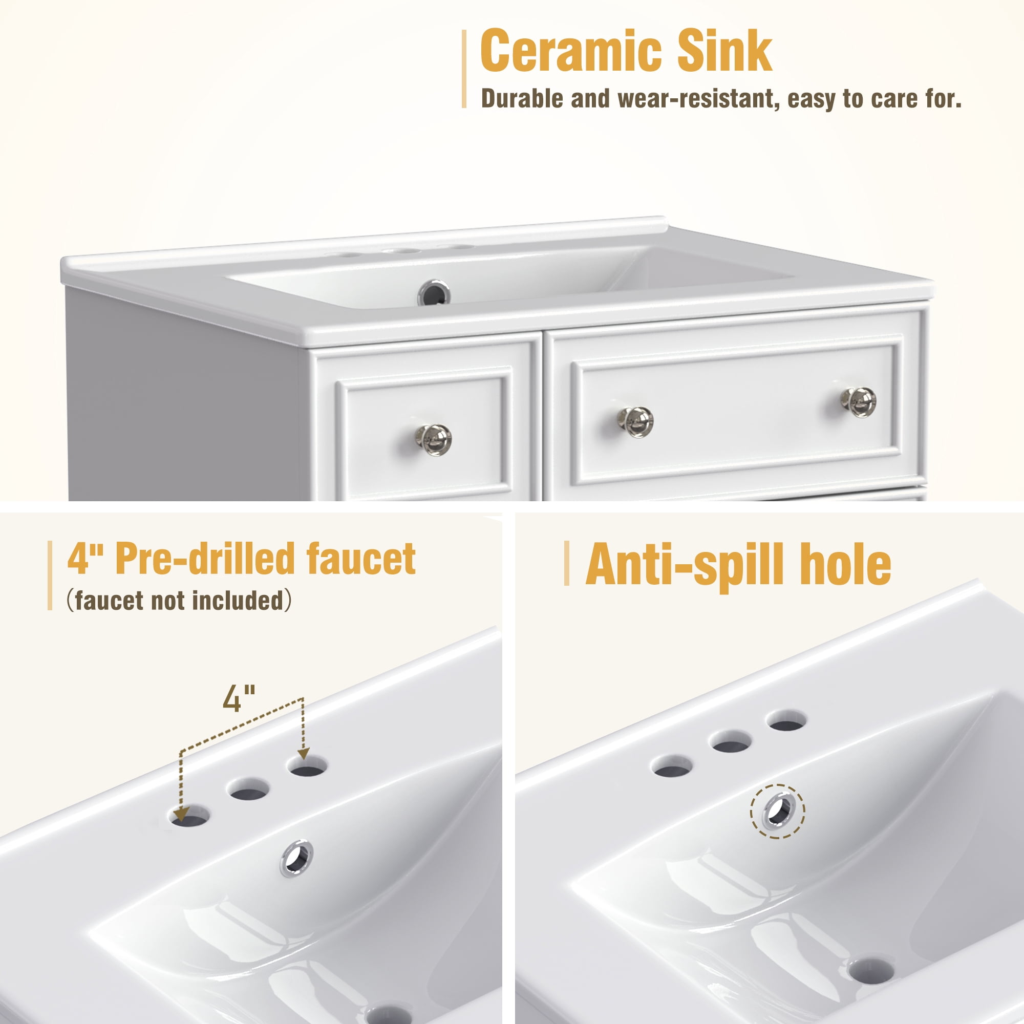 EUROCO Bathroom Vanity with Ceramic Sink, 24" Freestanding Bathroom Cabinet Vanity with 2 Drawers,Lager Storage,1 Door ,Solid Wood Frame Bathroom Vanities,White