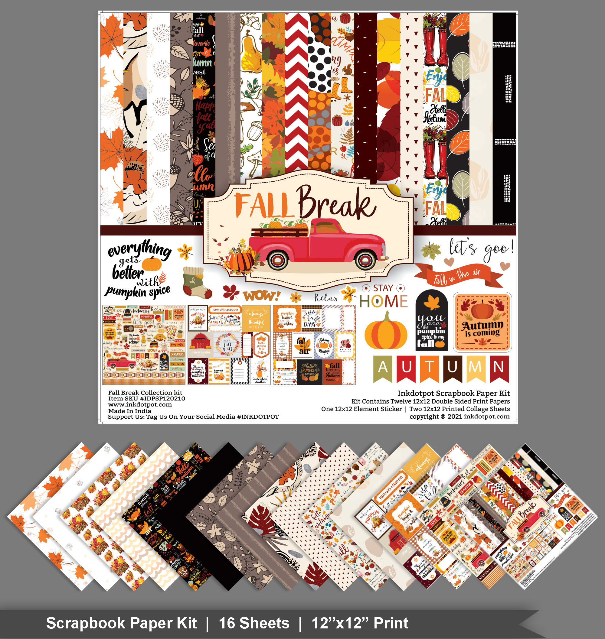 Inkdotpot Autums Fall break Collection Double-Sided Scrapbook Paper Kit Cardstock 12"x12" Card Making Paper Pack With Sticker Sheet - 16 Pages - Orange & Black