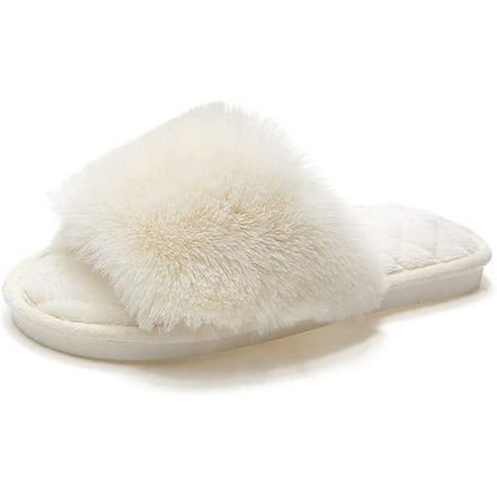 

PIKADINGNIS Women s Fuzzy Fur Flat Slippers Soft Open Toe House Slippers Memory Foam Sandals Slides Home Slippers Indoor Outdoor