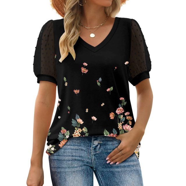 Fiudx Ropa de Mujer Moda Mujer Manga Corta Estampado Floral Cuello En V Tops Encaje Patchwork Camiseta Blusa