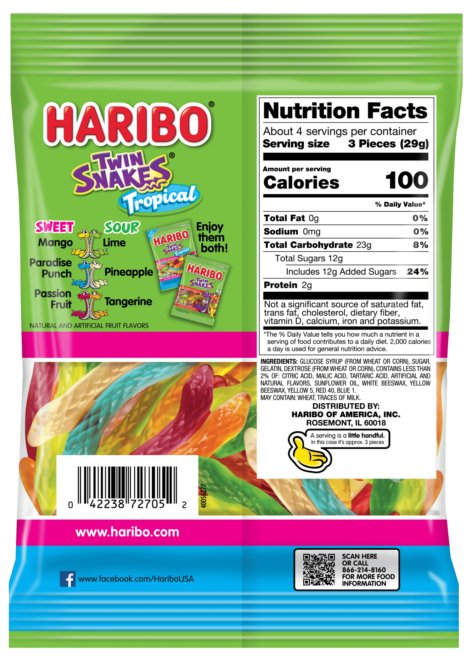 HARIBO Twin Snakes Tropical Gummies Assorted Flavored Gummy Candy, 4oz
