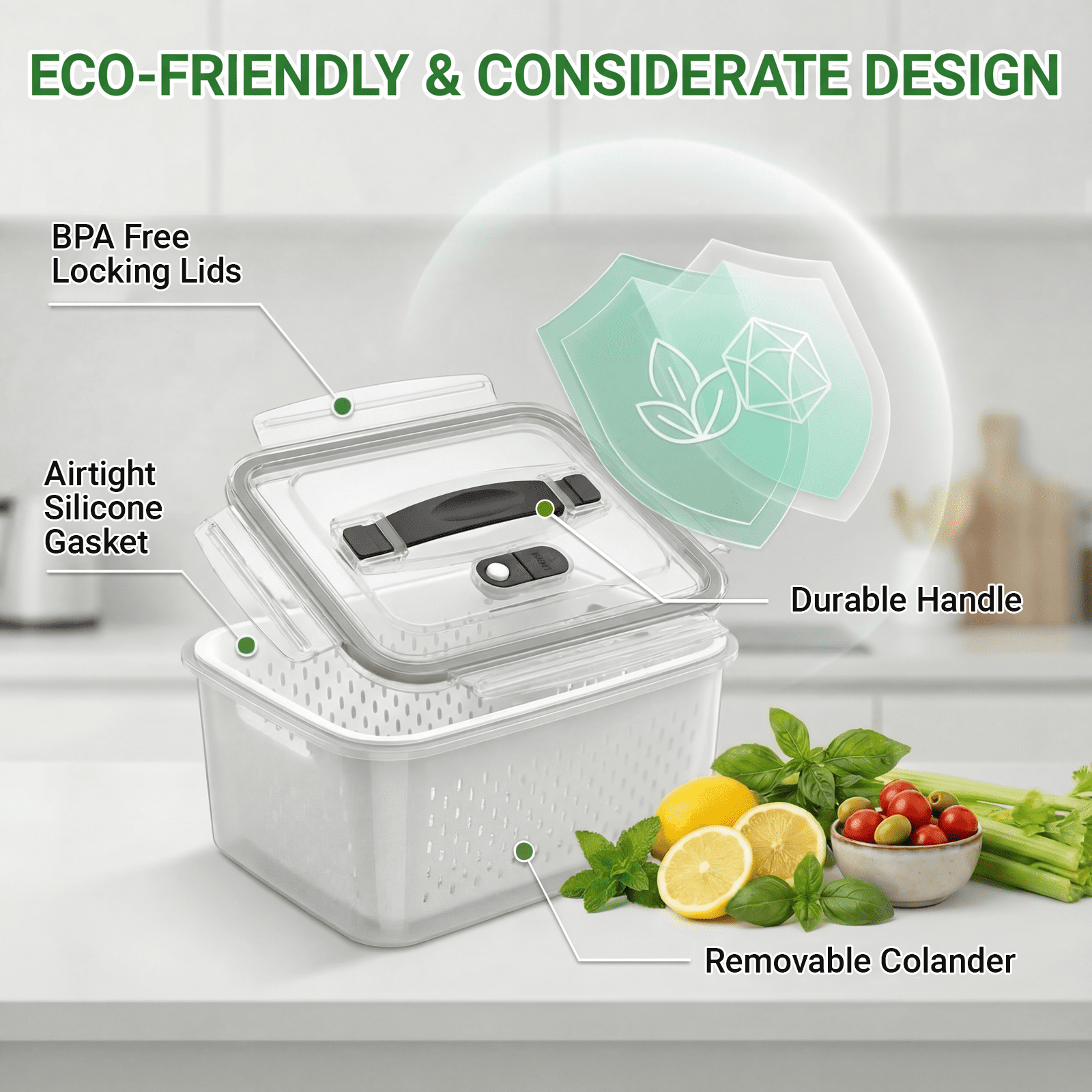 5 PCS Fruit Storage Containers for Fridge with Handle, Leakproof Produce Containers for Fridge with Removable Colander, All-In-One Fruit Containers Stainers Berry, Fruits, Vegetables, Salad, Lettuce