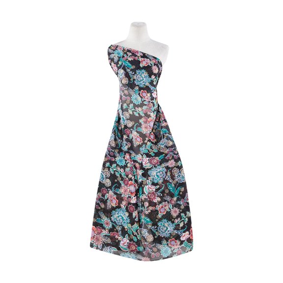 Zelouf Amie Jacobean Floral Print Chiffon W/ Foil , Sewing, DIY, Crafts Fabric by the Yard, 978 Black/peach, 3 Yard