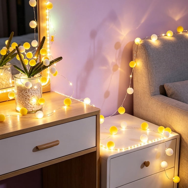 Led Cotton Ball Lights, Battery Powered String Lights for Bedroom Decor, Warm White Magical Creature Lights for Birthdays Weddings Parties Home Ornament