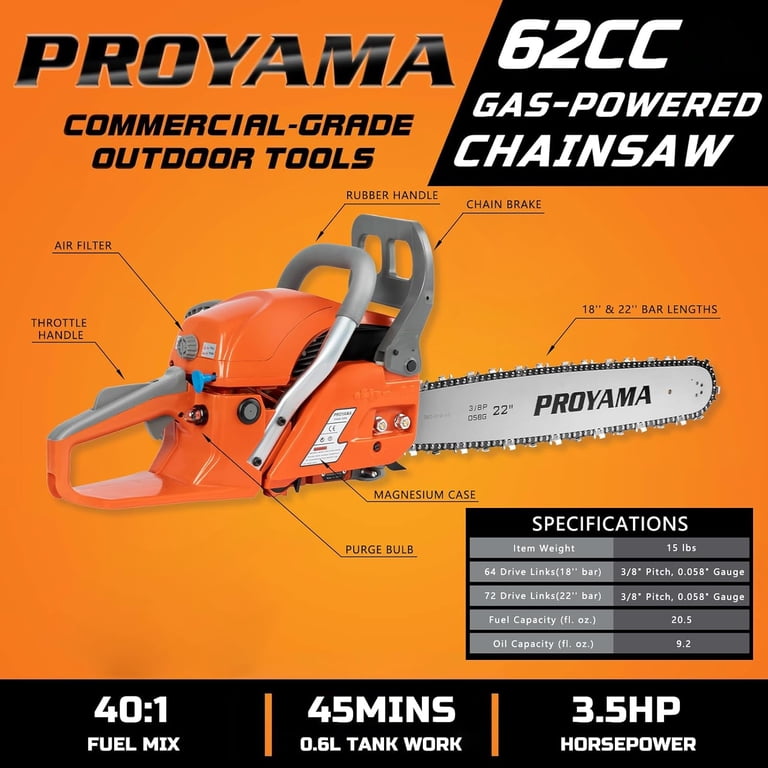 PROYAMA 62CC 2-Cycle Gas Powered Chainsaw, 22 Inch 18 Inch
