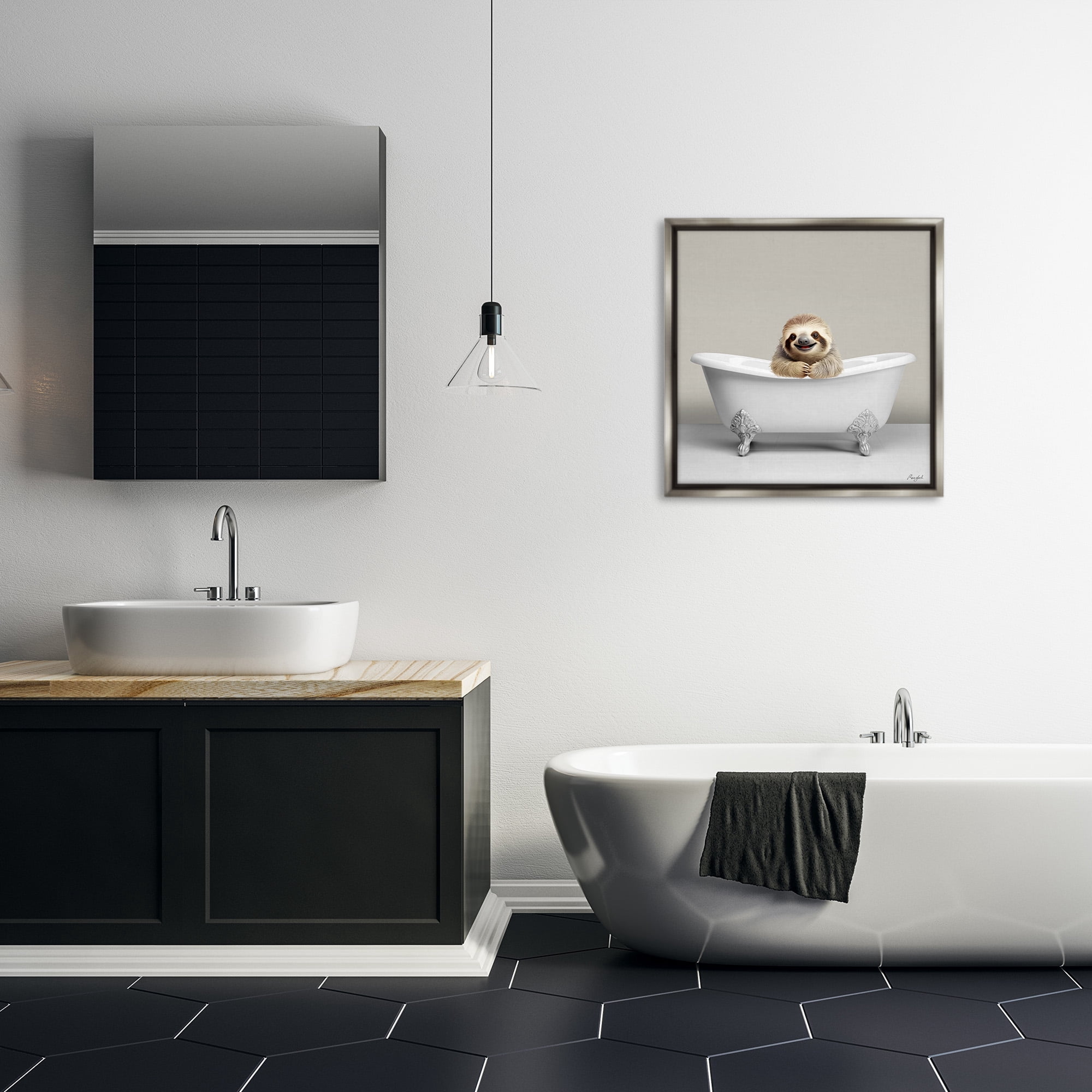 Stupell Industries Happy Sloth in Bathtub Animals & Insects Painting Gray Floater Framed Canvas Art Print Wall Art, 25 x 25