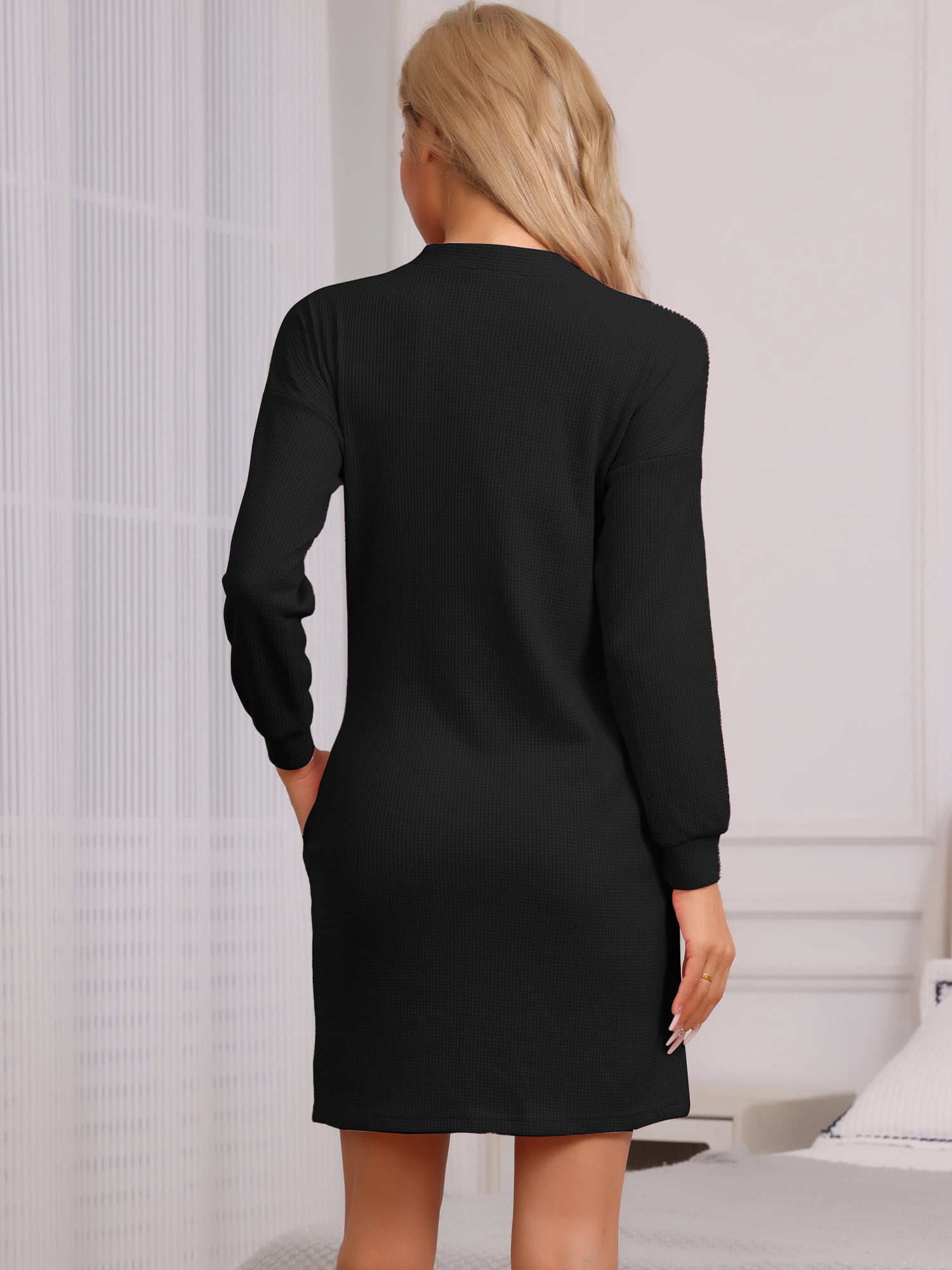 DARING DIVA Women's Waffle Knit Button Down Nightgown with Pockets M Black