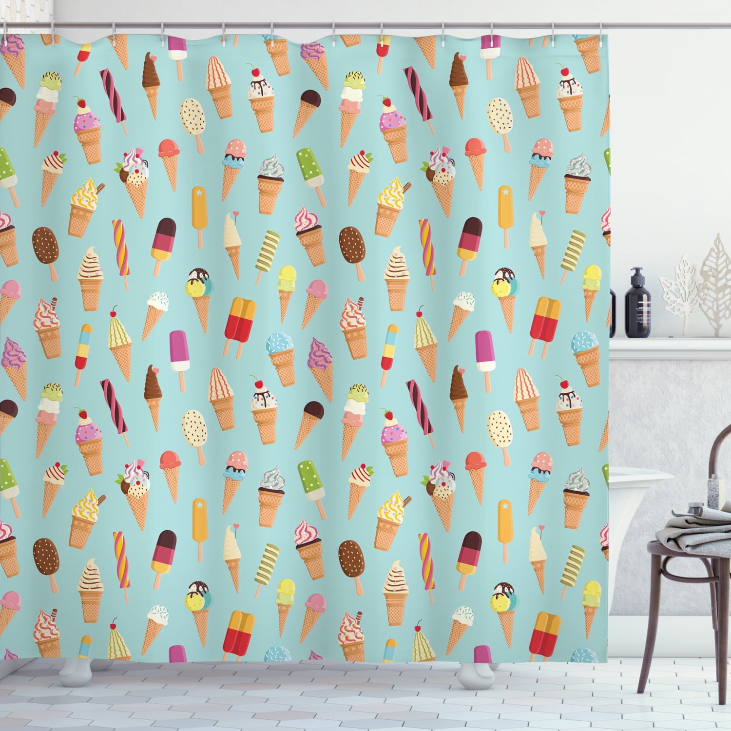 Ice Cream Decor Shower Curtain, Mix Yummy with Chocolate and Fruit